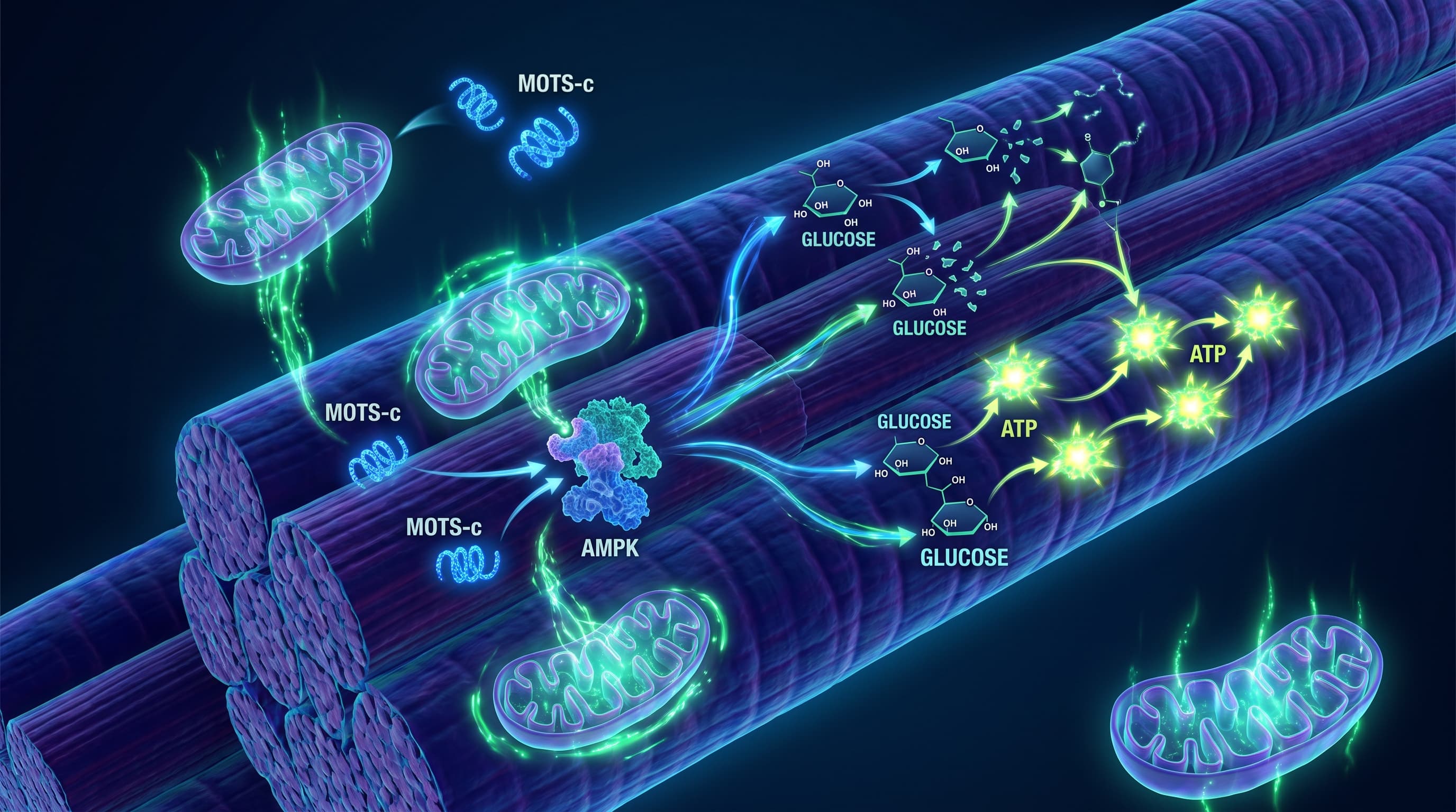 MOTS-c mitochondrial peptide activating AMPK signaling cascade in muscle cells with glowing energy streams from mitochondria