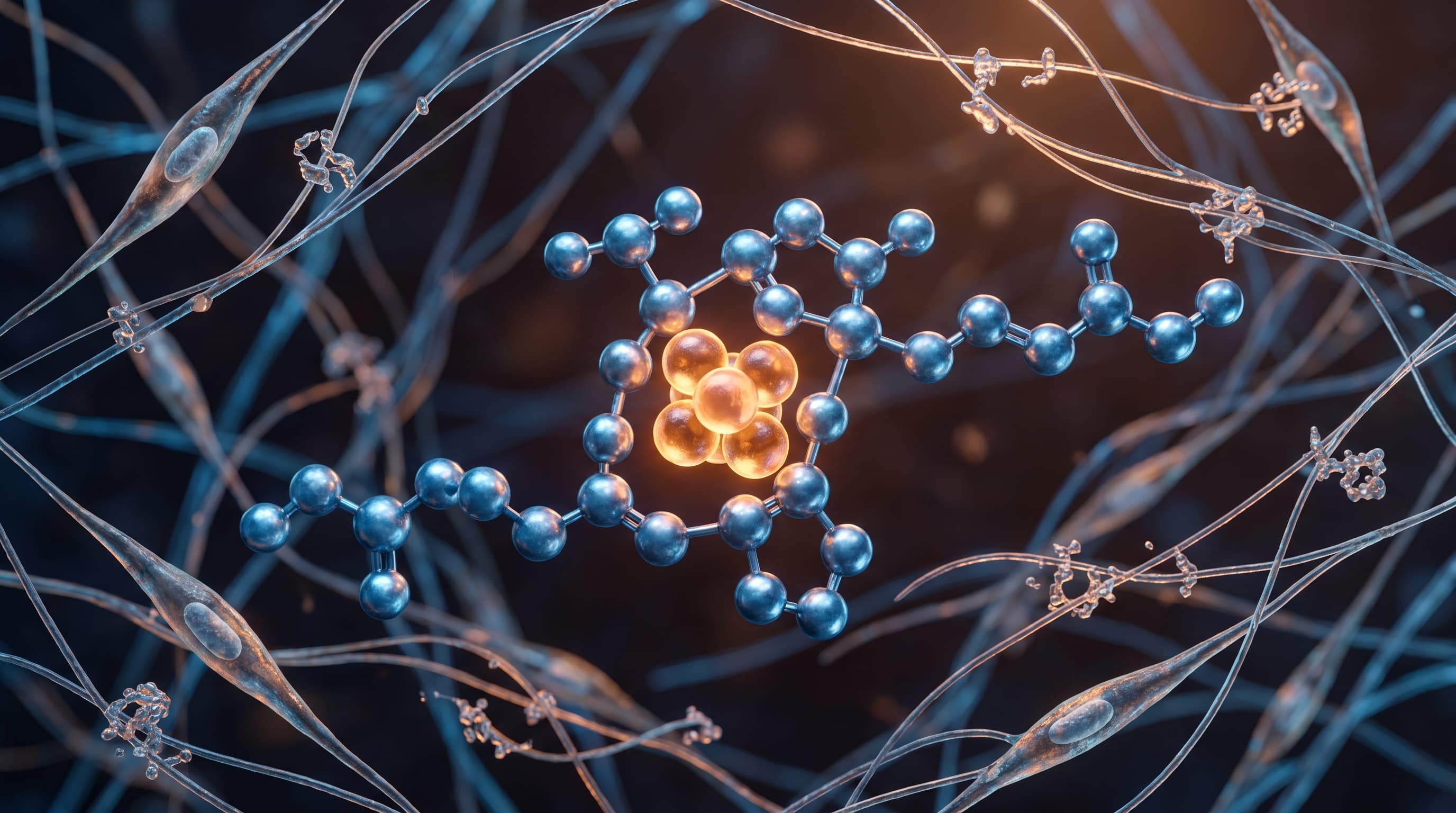GHK-Cu copper peptide molecular structure as tripeptide chain with copper ions glowing amber-orange, surrounded by collagen fiber weaving and fibroblast cells