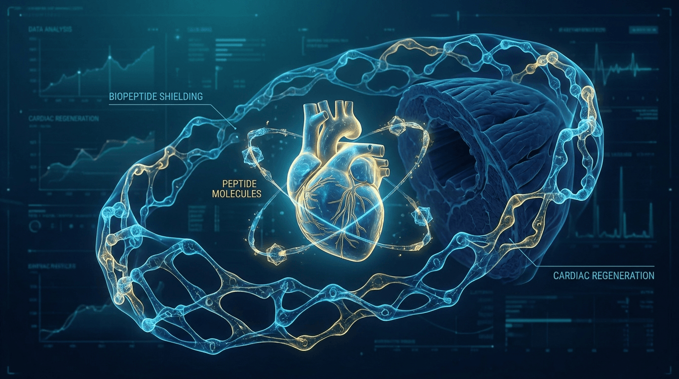 Glowing human heart surrounded by peptide molecular structures — cardioprotective peptides SS-31 apelin-13 BPC-157 heart failure HFpEF 2026 research visualization