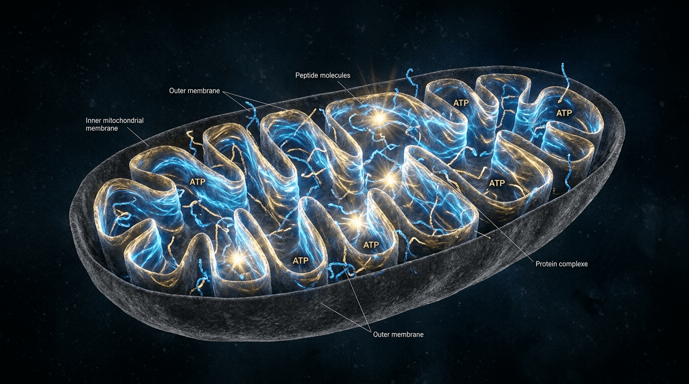 Cross-section of human mitochondria in cardiac muscle cells showing cristae structures and ATP energy production — SS-31 elamipretide targeting inner mitochondrial membrane in heart failure research