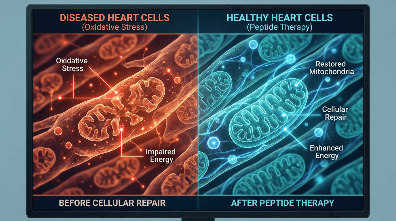 Before and after cellular comparison showing fragmented mitochondria with oxidative stress in HFpEF versus restored healthy mitochondria with peptide therapy — cardiac cell repair visualization 2026