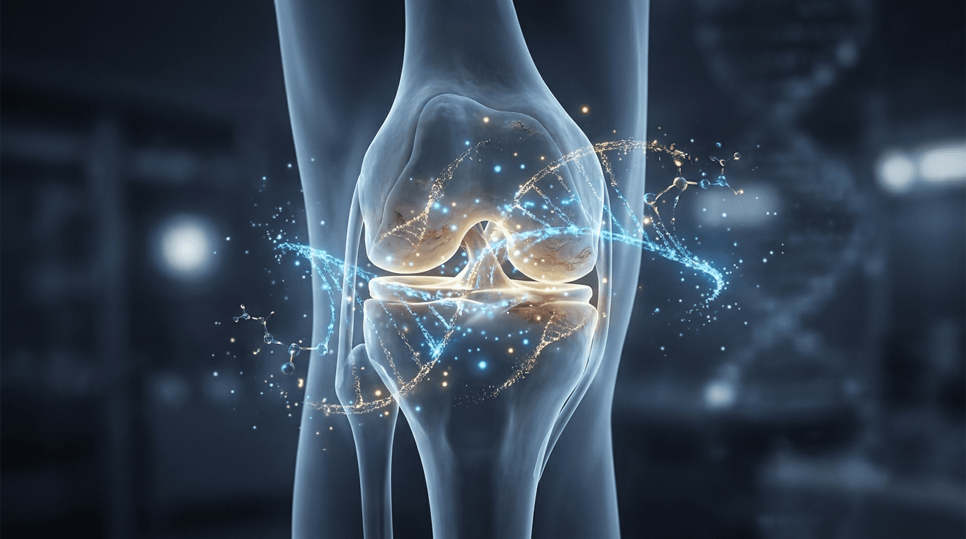 Glowing human knee joint cross-section surrounded by luminescent blue and gold peptide molecular chains healing cartilage tissue — BPC-157 TB-500 joint pain arthritis research