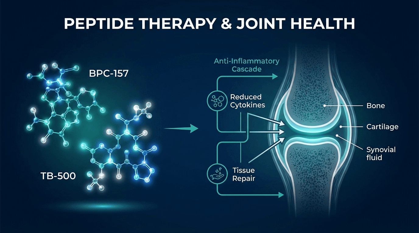 Scientific visualization of BPC-157 and TB-500 peptide molecular structures alongside a cross-section of a synovial joint showing cartilage, synovial fluid, and bone with anti-inflammatory cascade arrows in deep navy and teal
