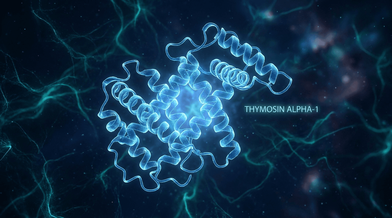 Thymosin Alpha-1 peptide molecular chain structure visualization — 28 amino acid immune modulating peptide scientific illustration