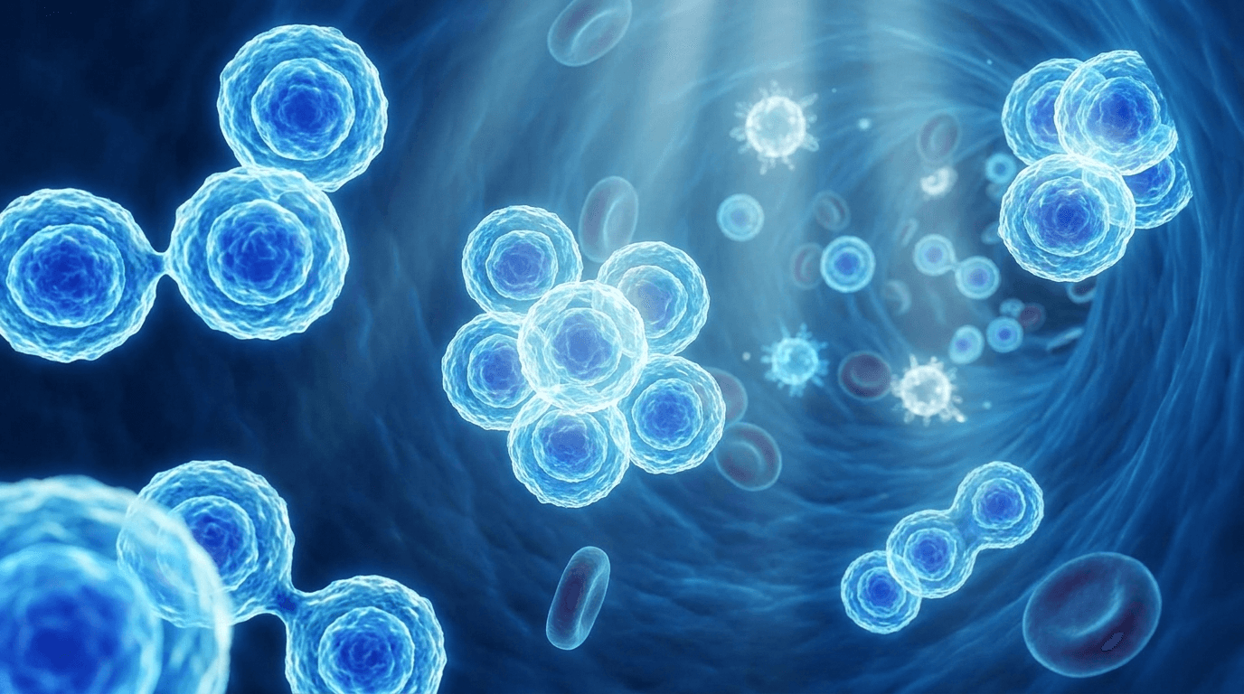 Human T-cells activating and proliferating in bloodstream — immune response cascade visualization showing CD4 and CD8 T-lymphocytes