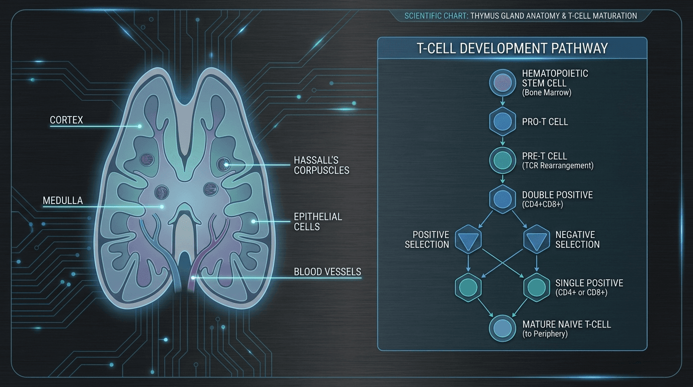 Thymus gland anatomy cross-section diagram showing T-cell development pathway — thymic cortex medulla T-lymphocyte differentiation zones
