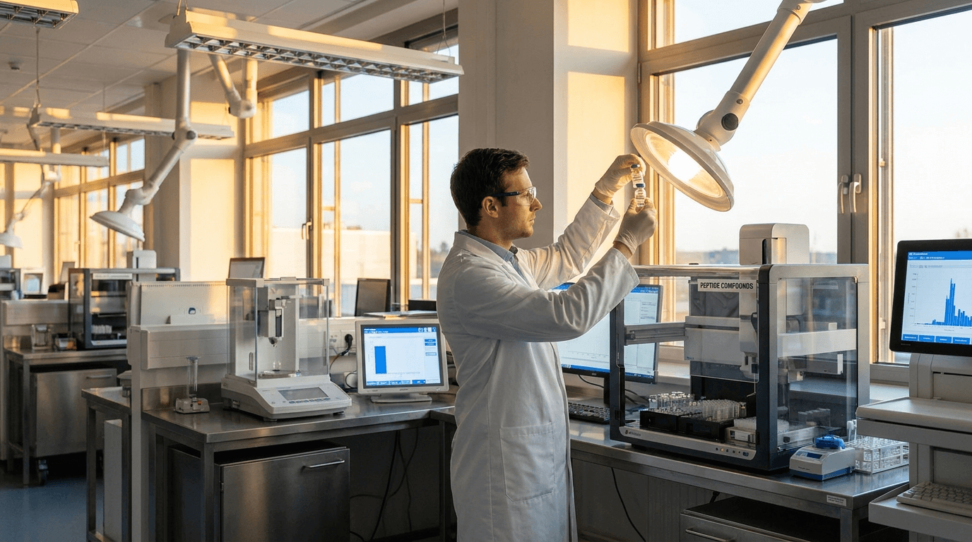 Research scientist in laboratory examining peptide research compounds and vials under laboratory lighting — peptide science and drug development