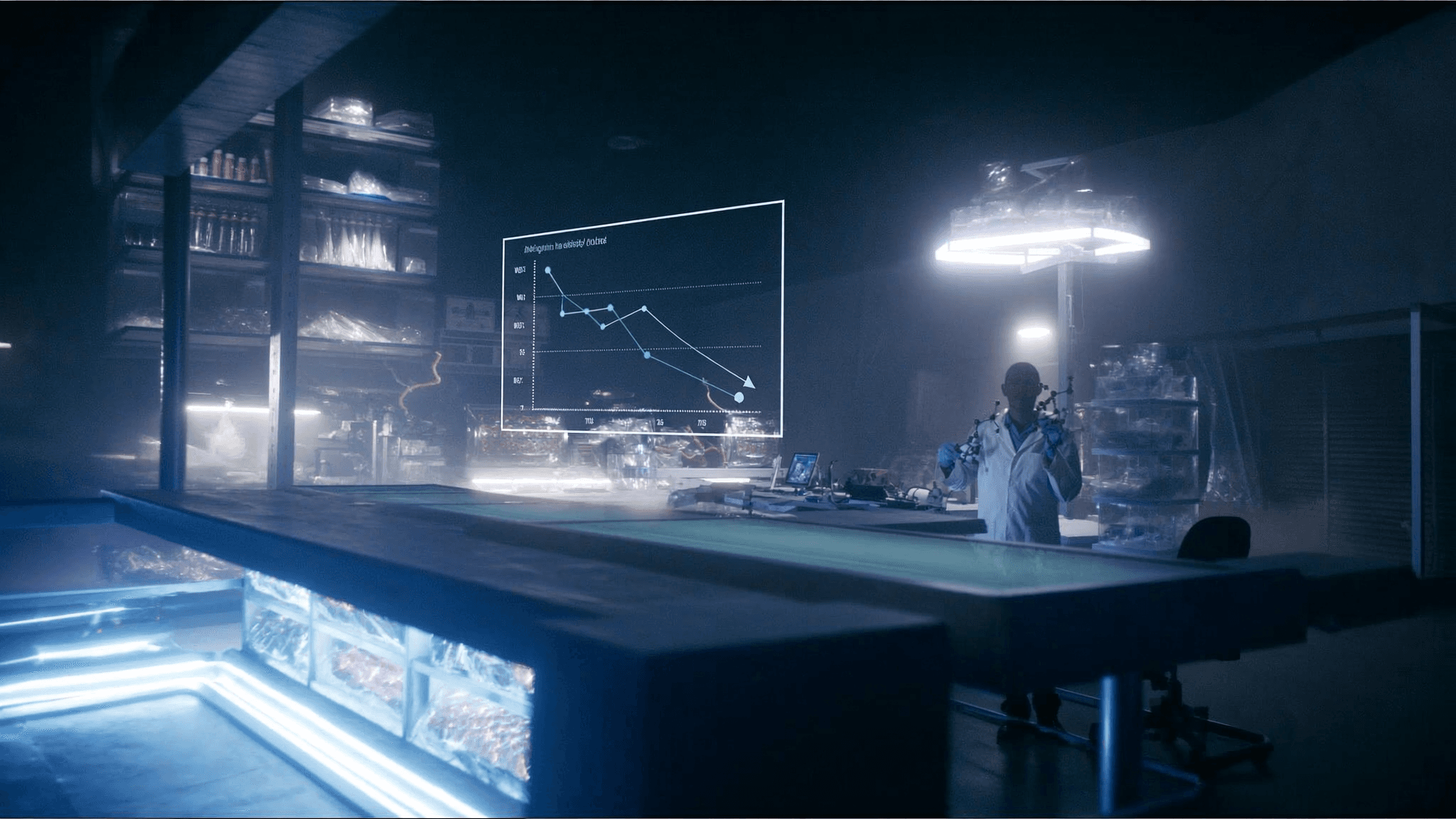 Pharmaceutical research laboratory with holographic displays showing VK2735 weight loss data — dual GLP-1/GIP receptor agonist research