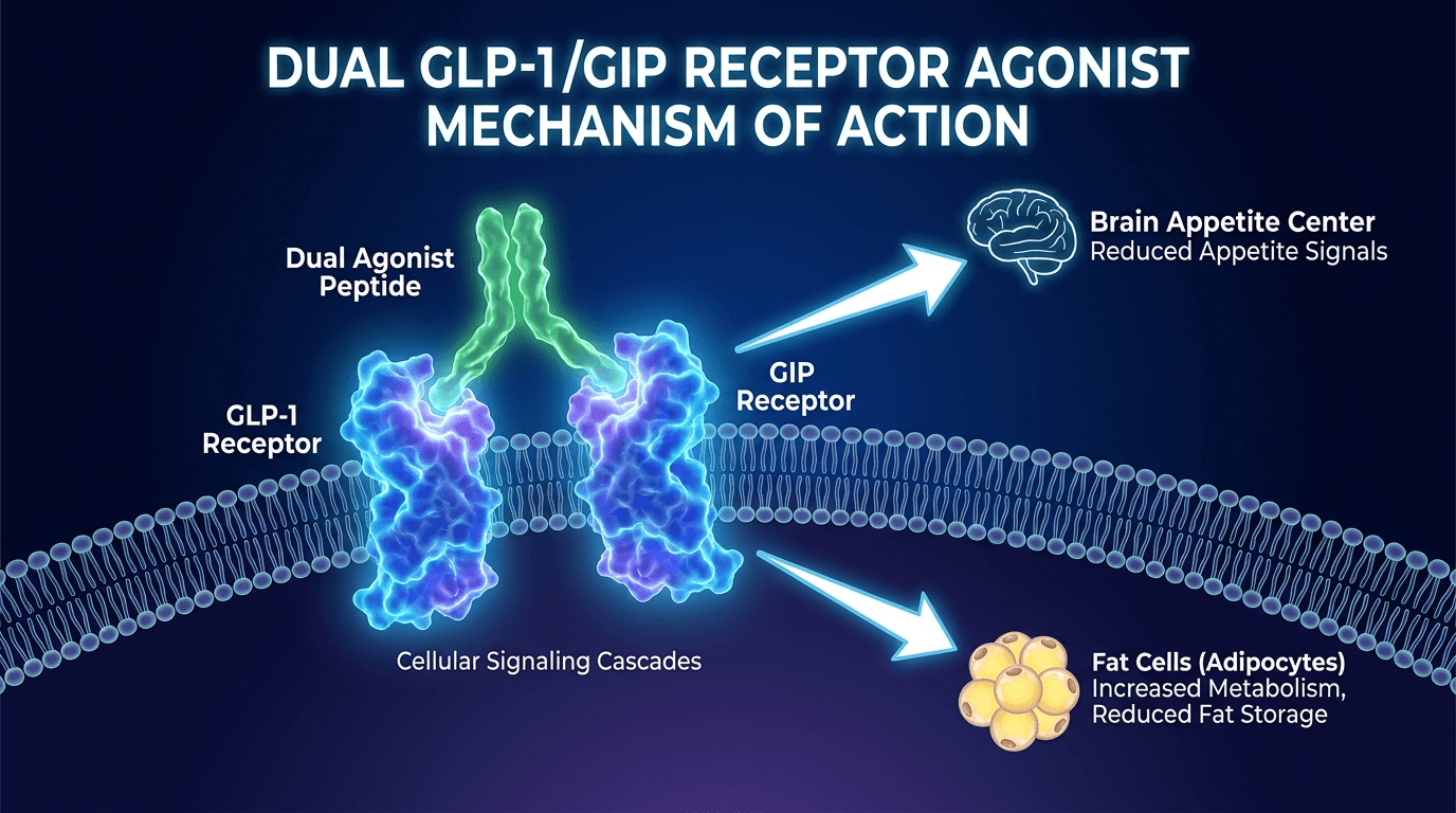 GLP-1 and GIP receptor dual agonism mechanism diagram — VK2735 binding to both receptors simultaneously on adipocytes and hypothalamus cells