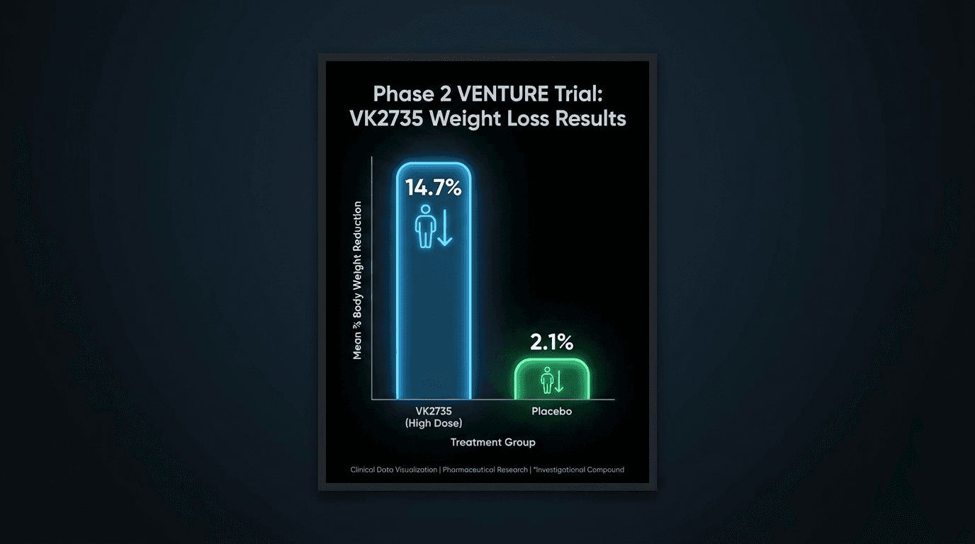 Bar chart comparing VK2735 14.7% weight loss vs placebo in Phase 2 VENTURE trial — clinical data visualization for GLP-1/GIP dual agonist