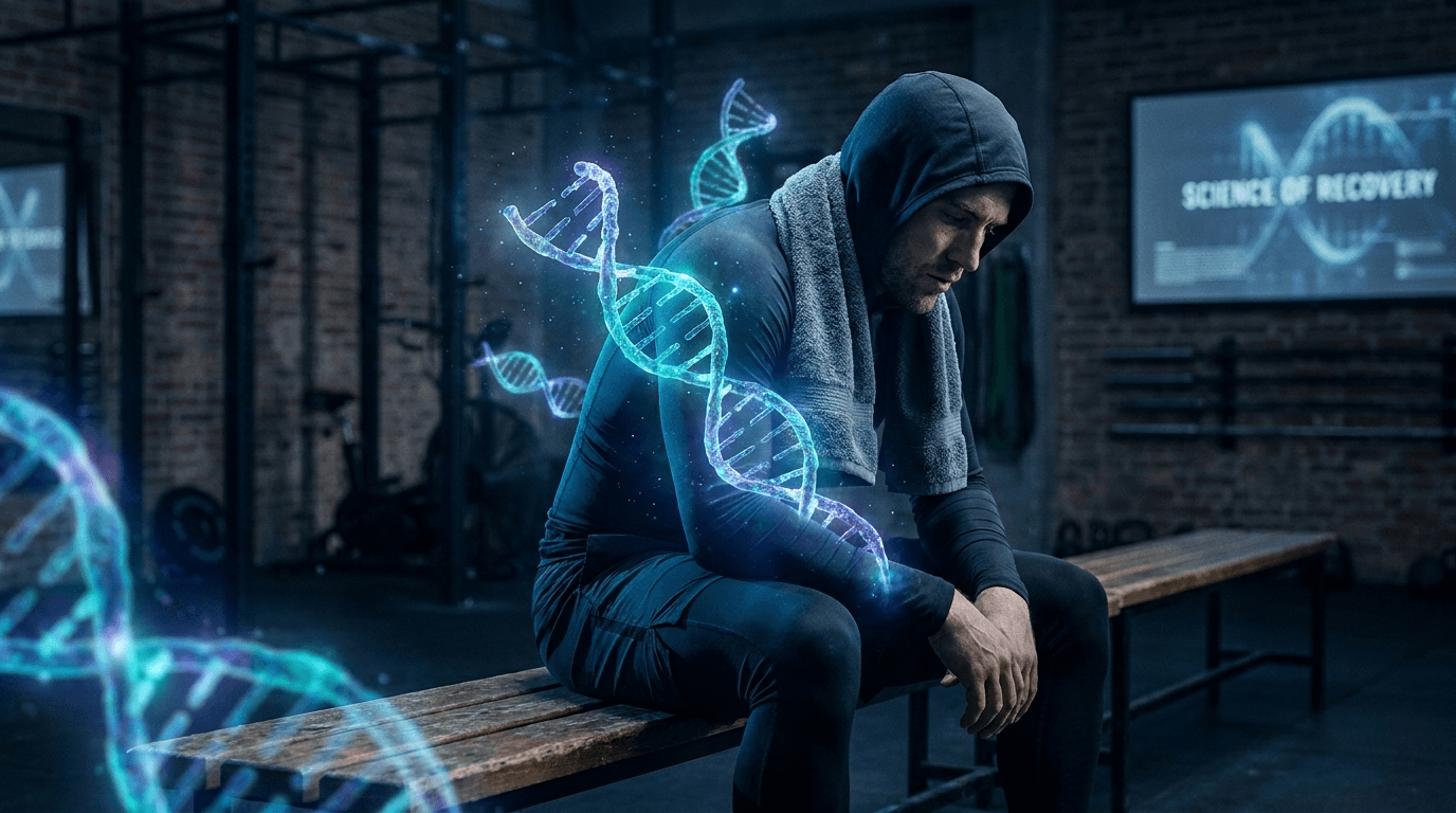 Elite athlete in recovery surrounded by bioluminescent peptide molecular structures — BPC-157 and TB-500 Wolverine Stack healing research visualization