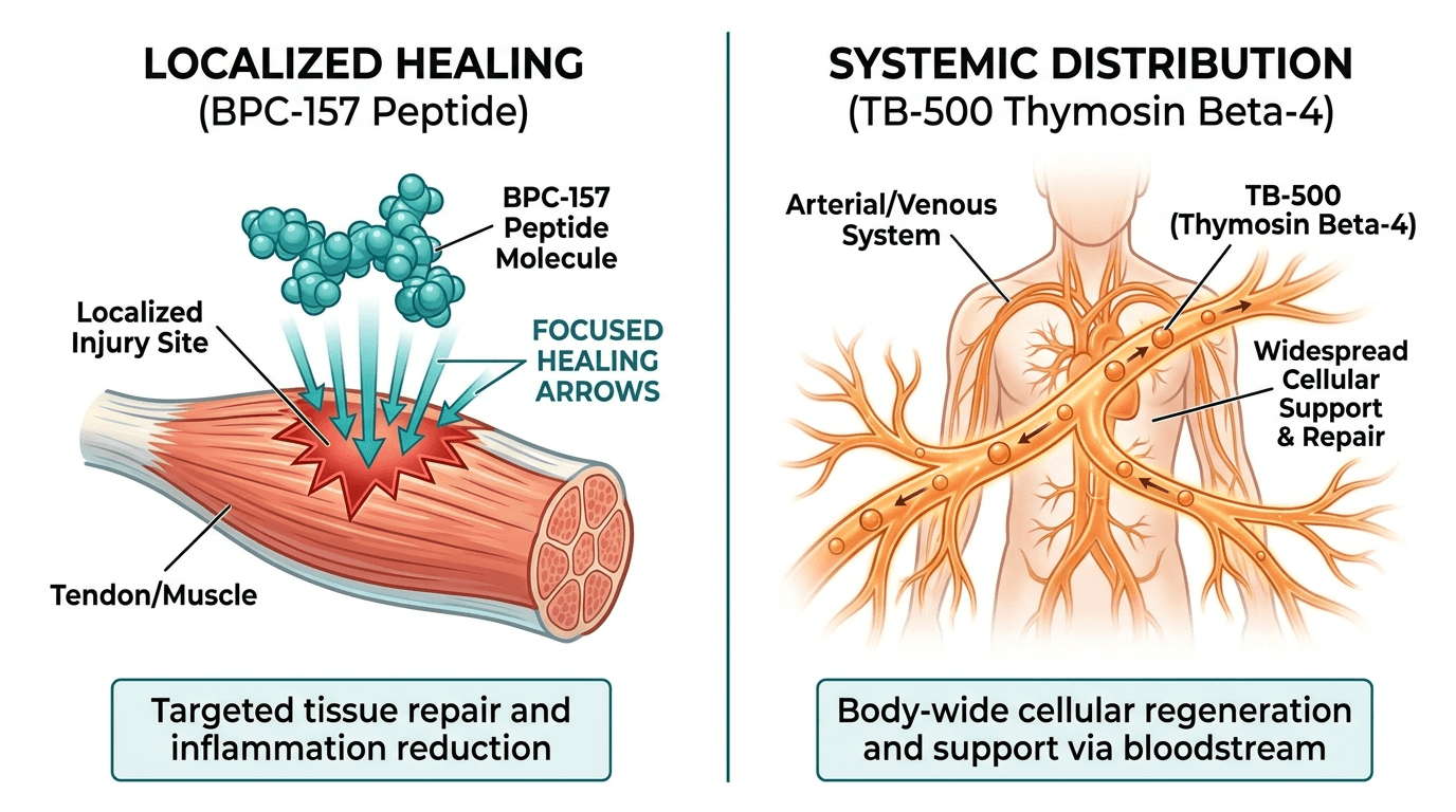 Scientific dual-mechanism diagram comparing BPC-157 localized injury targeting on the left versus TB-500 systemic bloodstream distribution on the right — complementary healing peptide pathways