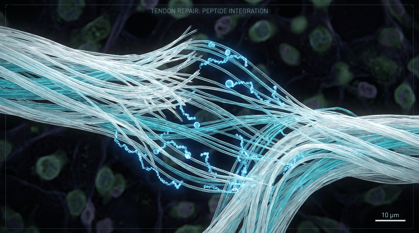 Macro microscopy visualization of collagen fibers being repaired at the cellular level with bioluminescent blue peptide molecules integrating into damaged tissue matrix