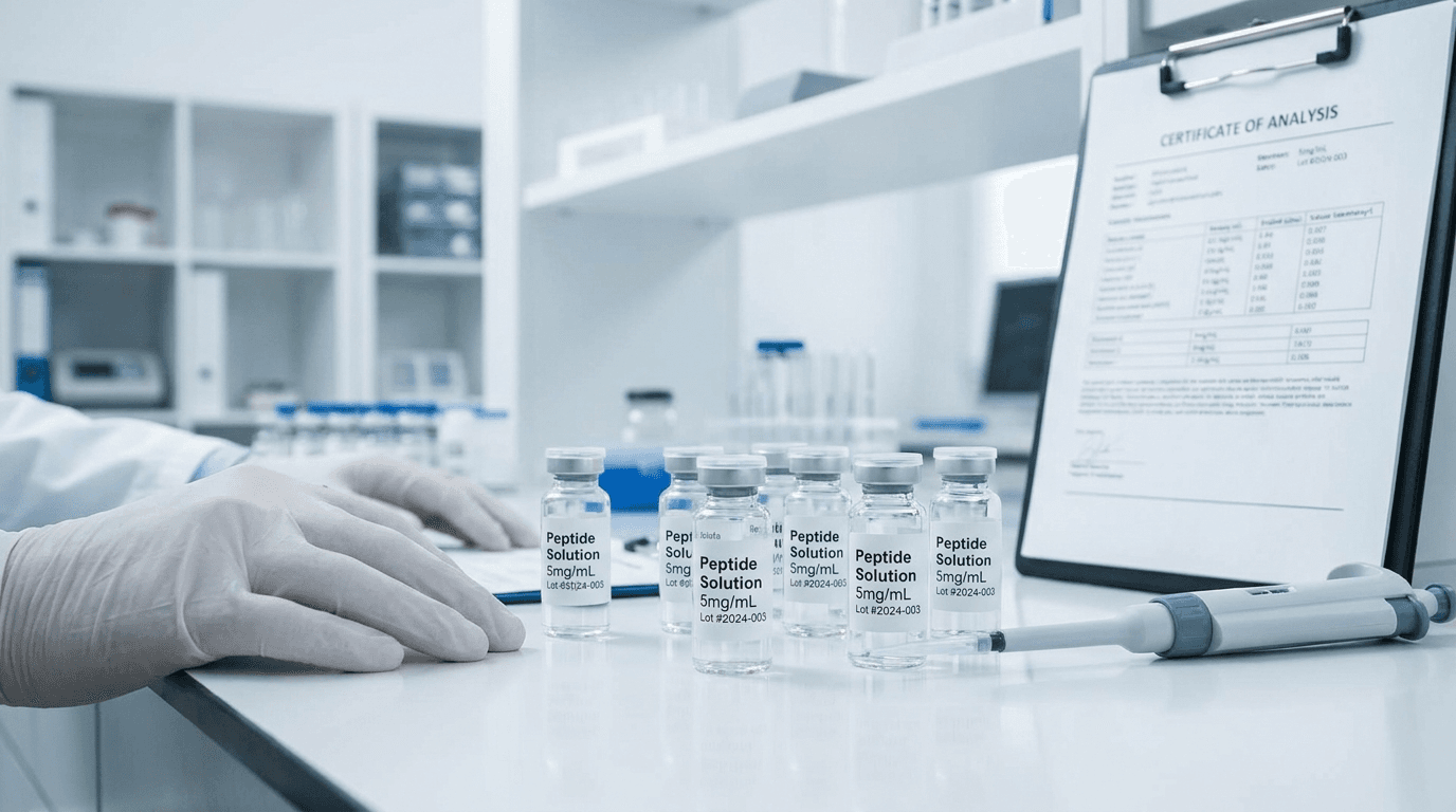 Sterile pharmaceutical research laboratory with glass peptide vials on a bench and Certificate of Analysis documentation — quality testing environment for research-grade compounds