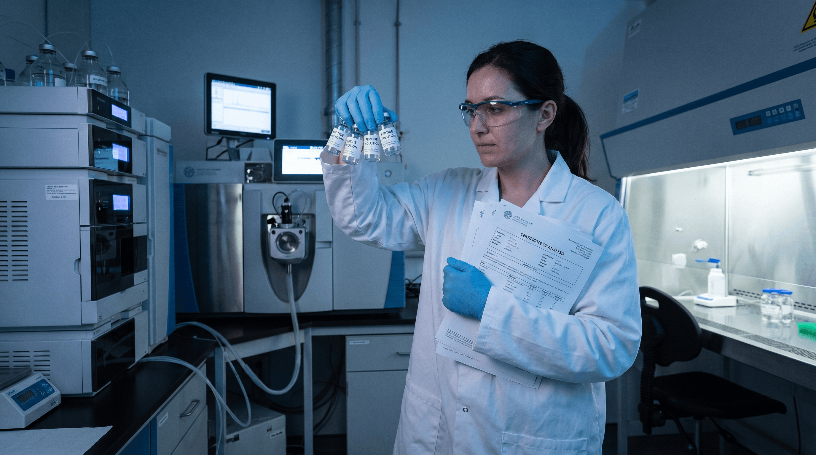 Research scientist examining peptide vials with Certificate of Analysis documentation and HPLC mass spectrometry equipment in a professional laboratory — peptide therapy quality verification