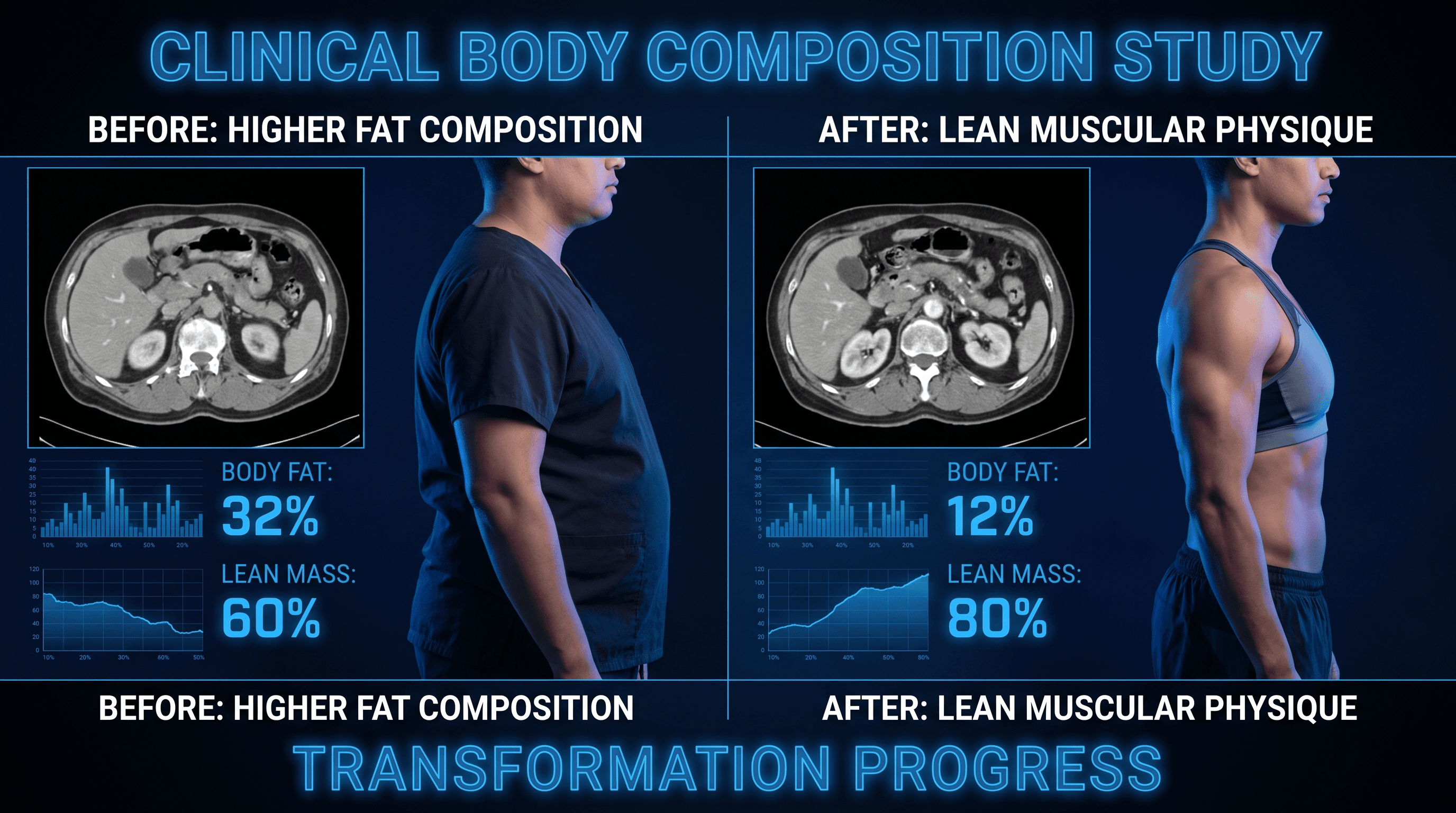 Split-screen scientific visualization of body composition transformation showing metabolic change at cellular level — GLP-1 peptide therapy mechanism for weight management, before and after body composition comparison