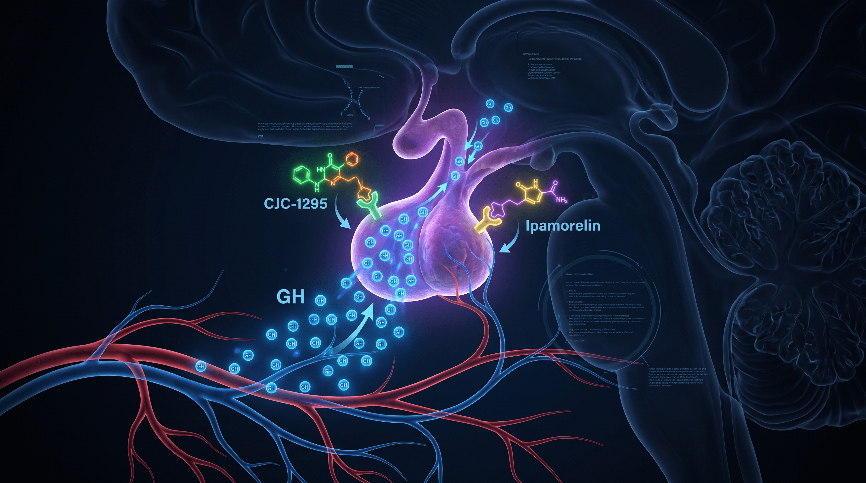 Scientific visualization of growth hormone release from pituitary gland triggered by peptide signaling — CJC-1295 and Ipamorelin stimulating natural GH pulse, blue molecular structures and neural anatomy