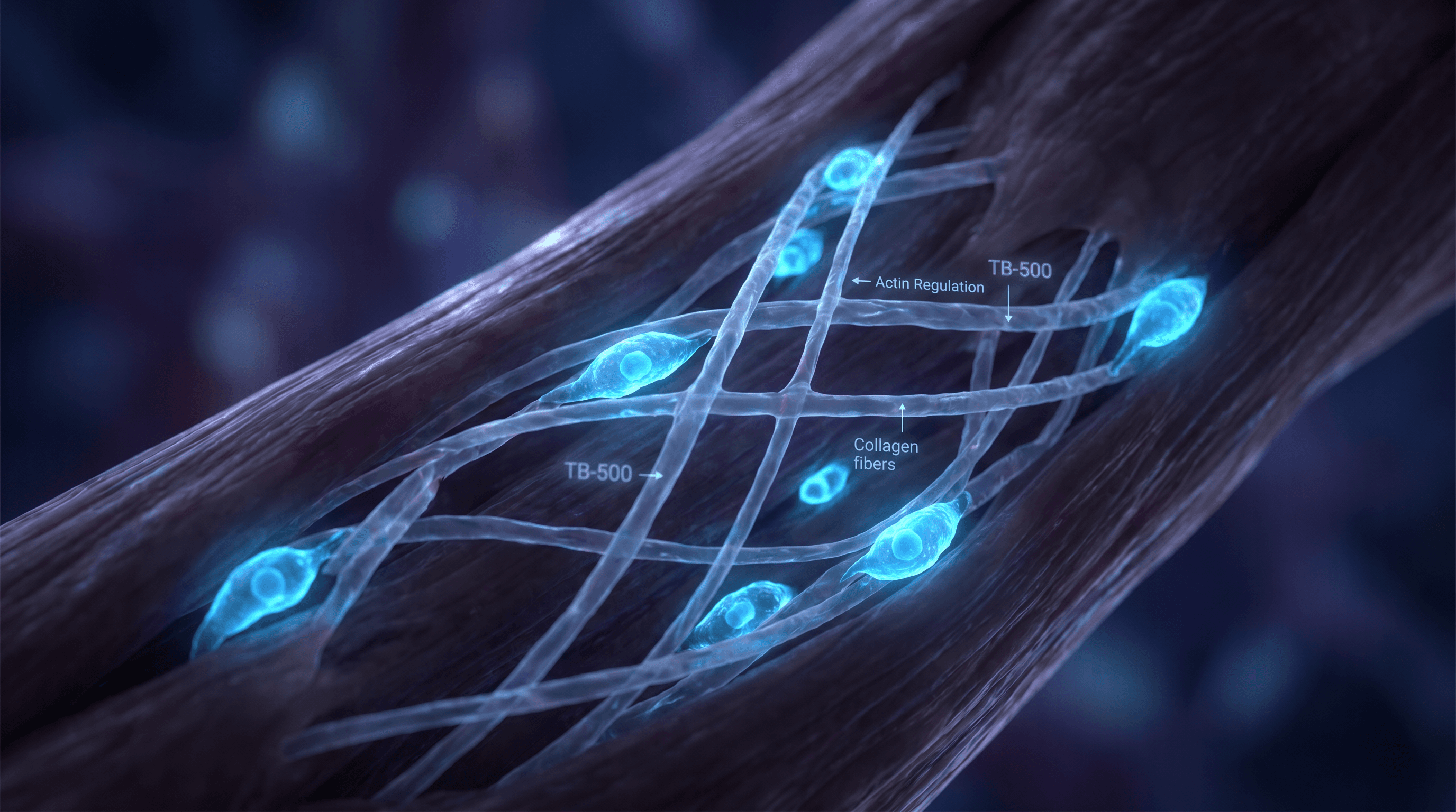 Macro visualization of healing tendon tissue with bioluminescent blue repair cells migrating to injury site and collagen fibers being rebuilt at the microscopic level — TB-500 thymosin beta-4 actin regulation