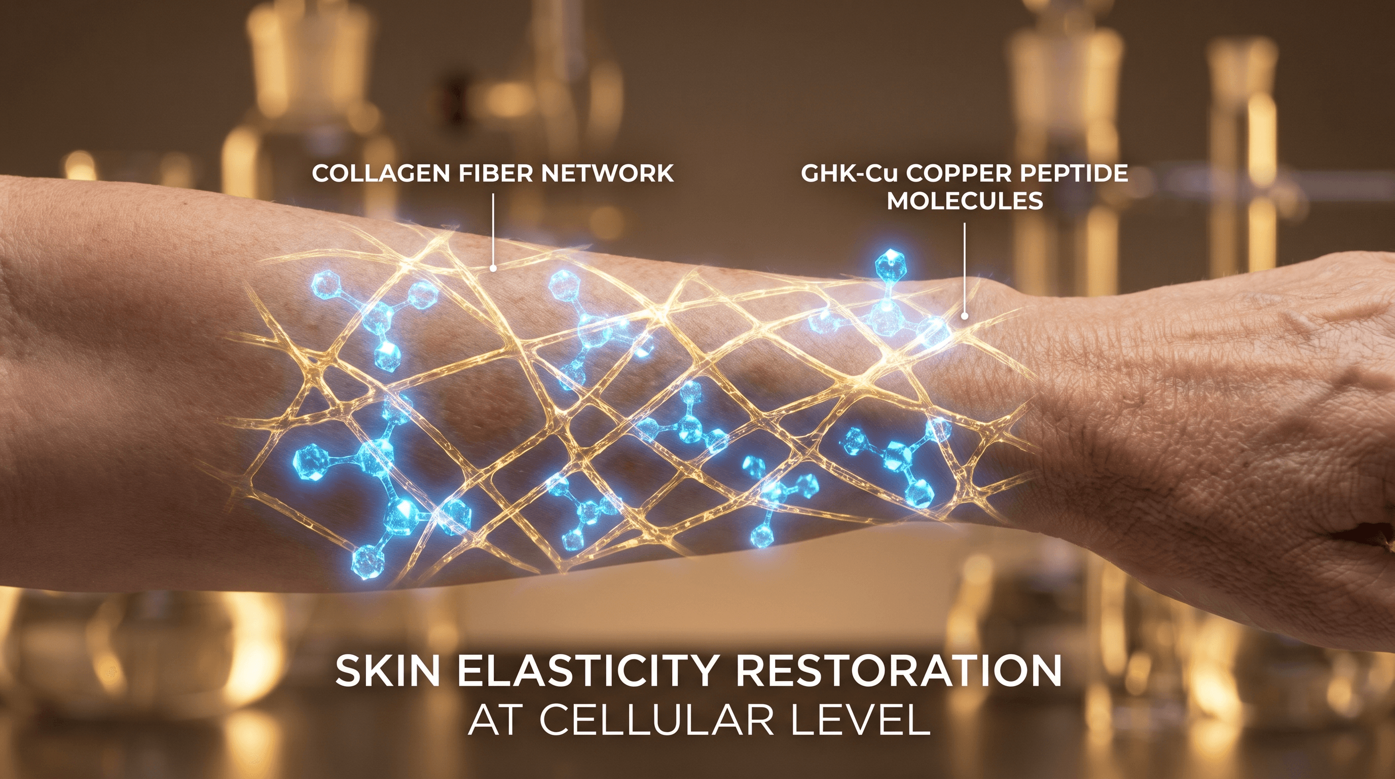 Close-up visualization of skin collagen fiber network with GHK-Cu copper peptide molecules integrating into the extracellular matrix — gold and blue bioluminescent cellular regeneration, anti-aging peptide science
