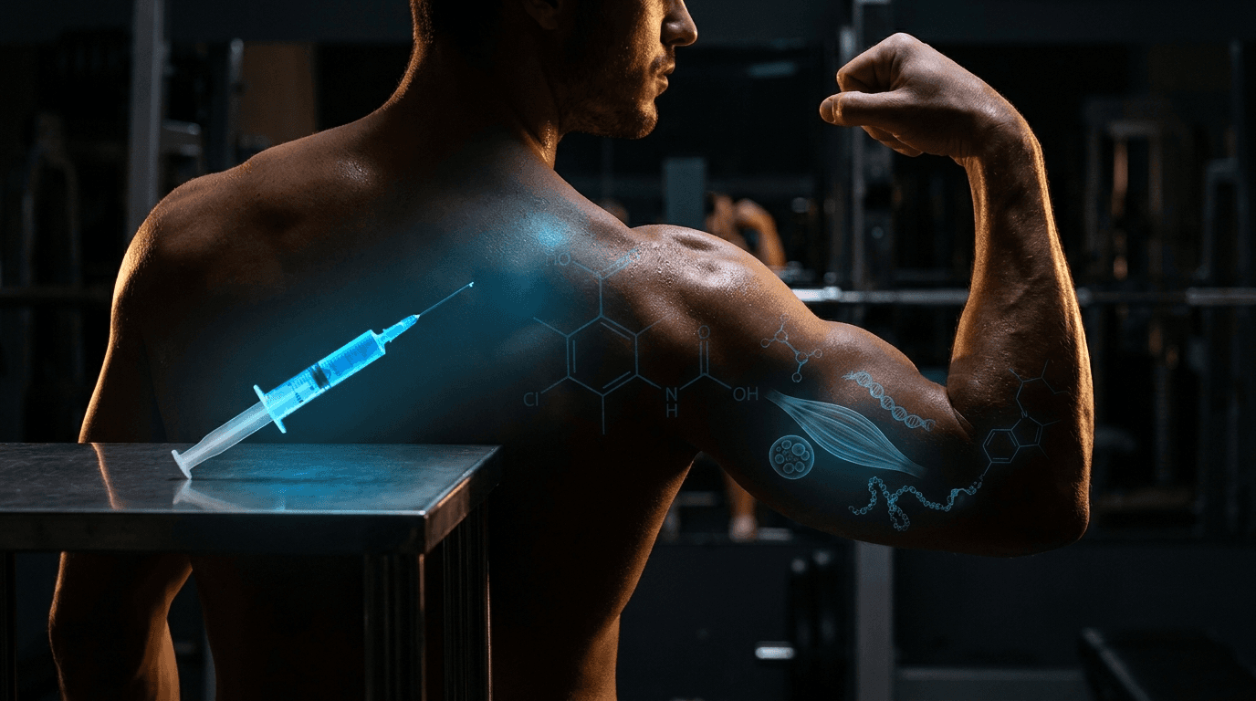 Athletic male physique visualization with cellular energy and molecular structures, representing MOTS-c exercise mimetic effects and metabolic optimization