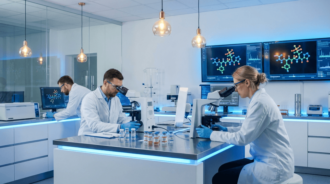 Modern biomedical research laboratory with scientists examining peptide compounds under microscopes and digital molecular screens