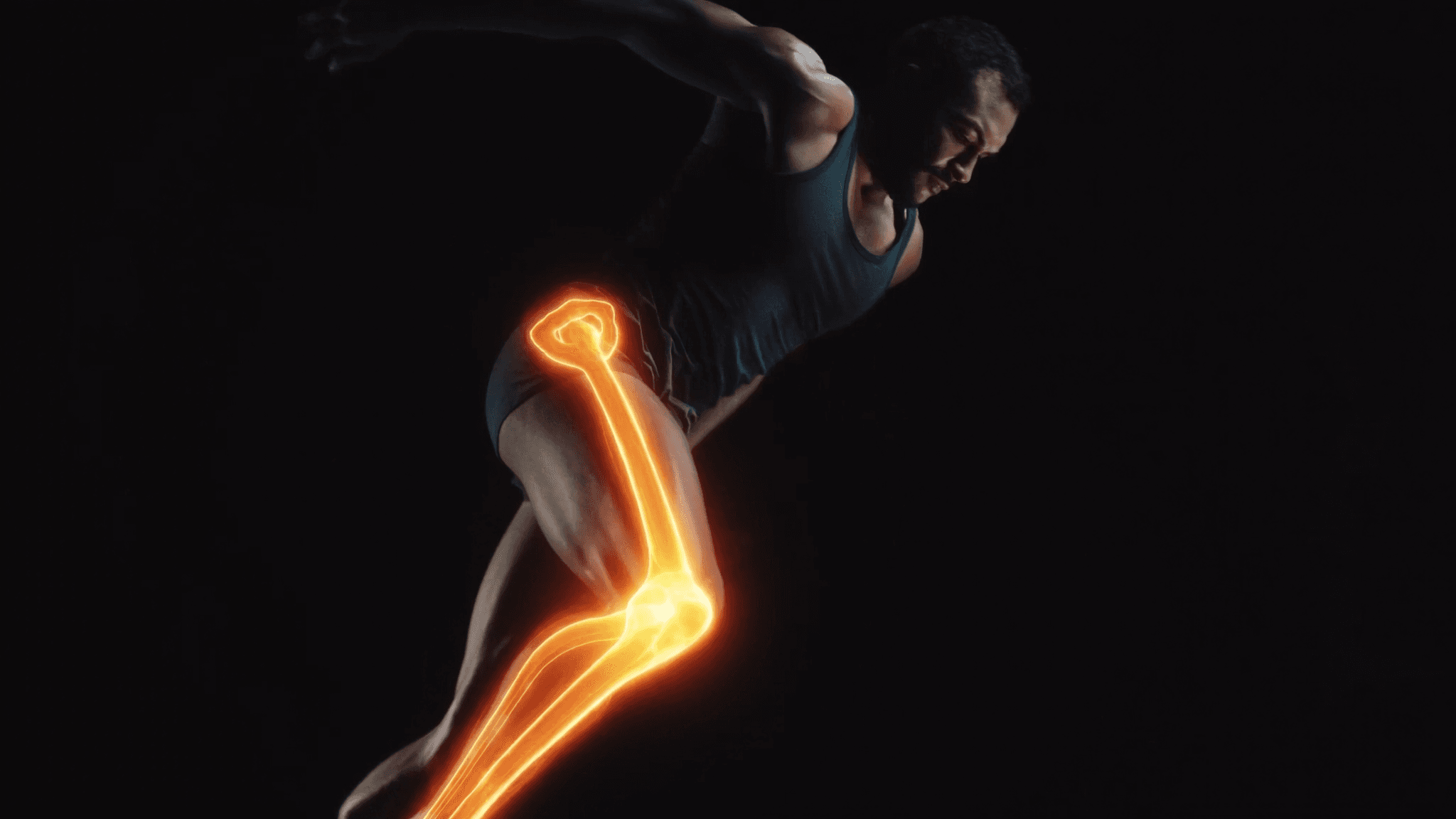 Athletic runner with bioluminescent healing energy at knee and tendon, representing BPC-157 tissue repair mechanisms in musculoskeletal injury