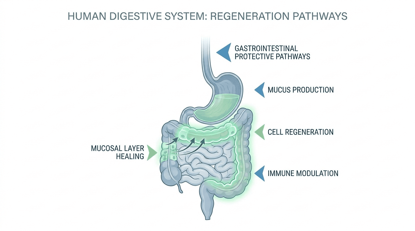 Diagram of gastrointestinal tract healing with BPC-157 peptide molecular structure overlay