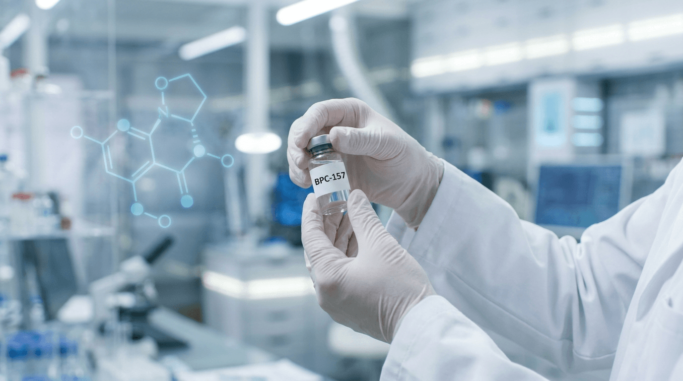 Research scientist examining BPC-157 peptide vial in professional laboratory with HPLC analysis equipment and certificate of analysis documents