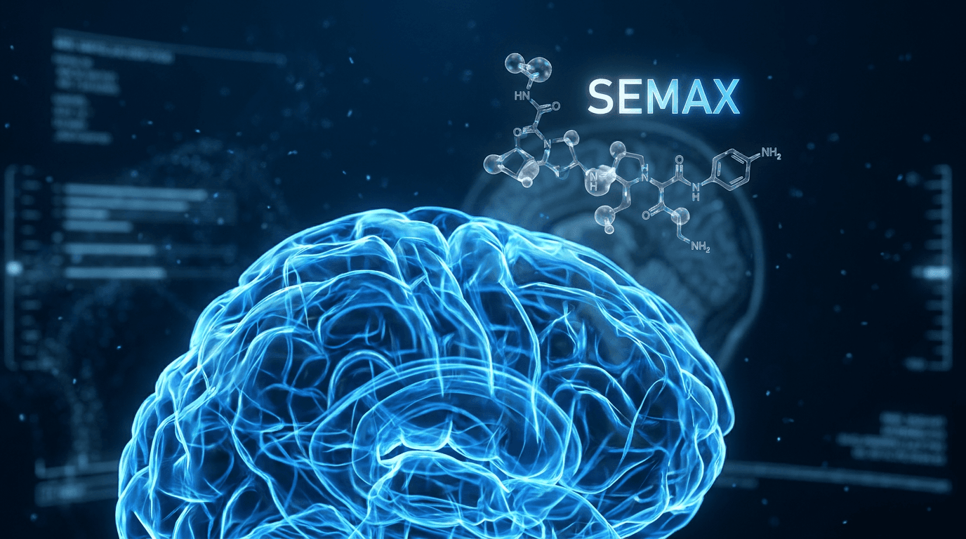 Photorealistic visualization of human brain neural pathways illuminated in electric blue, with Semax peptide molecular structure hovering above — nootropic science concept