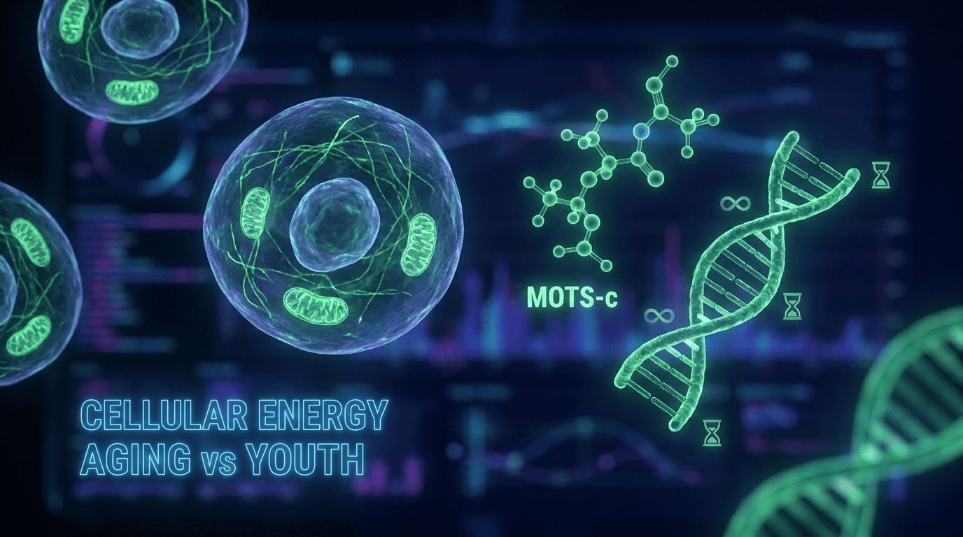 Photorealistic visualization of glowing mitochondria inside human cells with MOTS-c peptide molecular structure and DNA double helix, representing cellular longevity and energy metabolism