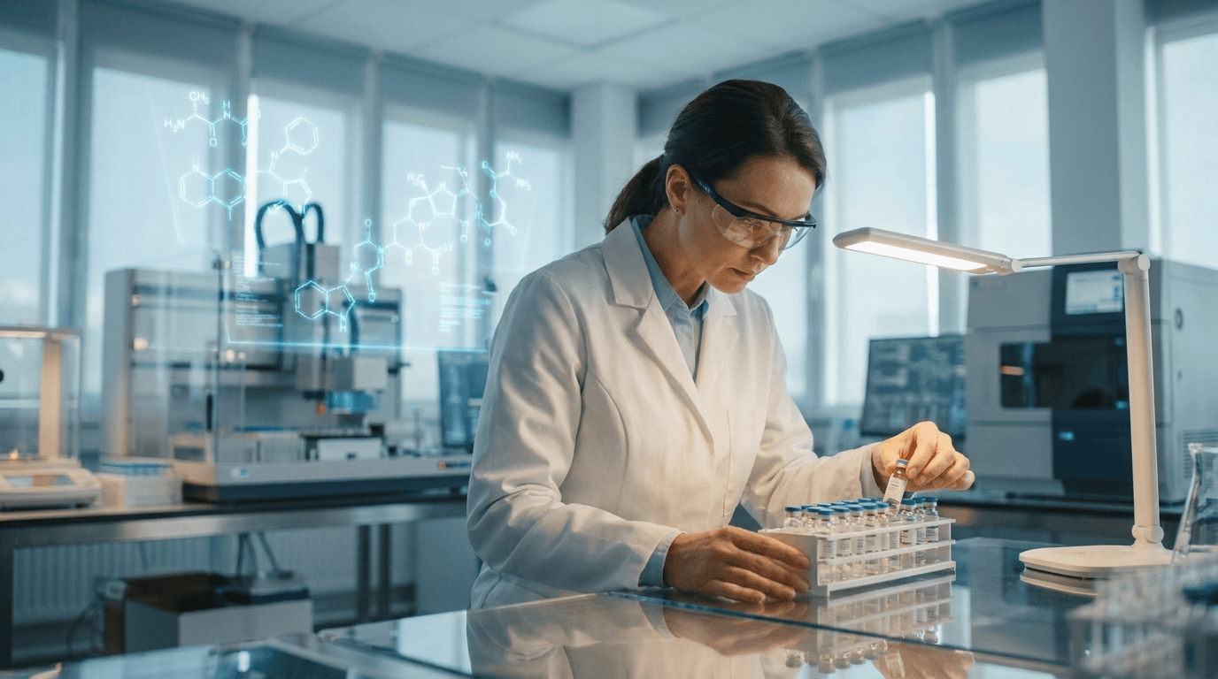 Research scientist in modern pharmaceutical laboratory examining glutathione peptide vials with certificate of analysis documents and precision HPLC equipment — glutathione antioxidant research 2026