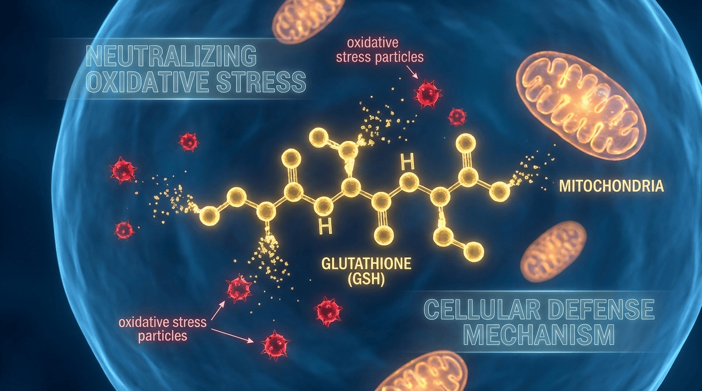 Scientific visualization of glutathione tripeptide molecular structure with glowing golden bonds in a deep blue cellular environment with mitochondria and reactive oxygen species being neutralized
