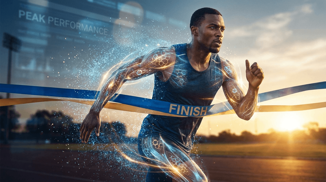 Athletic runner at peak performance with cellular energy visualization showing glowing particles — glutathione athletic performance and oxidative stress recovery research