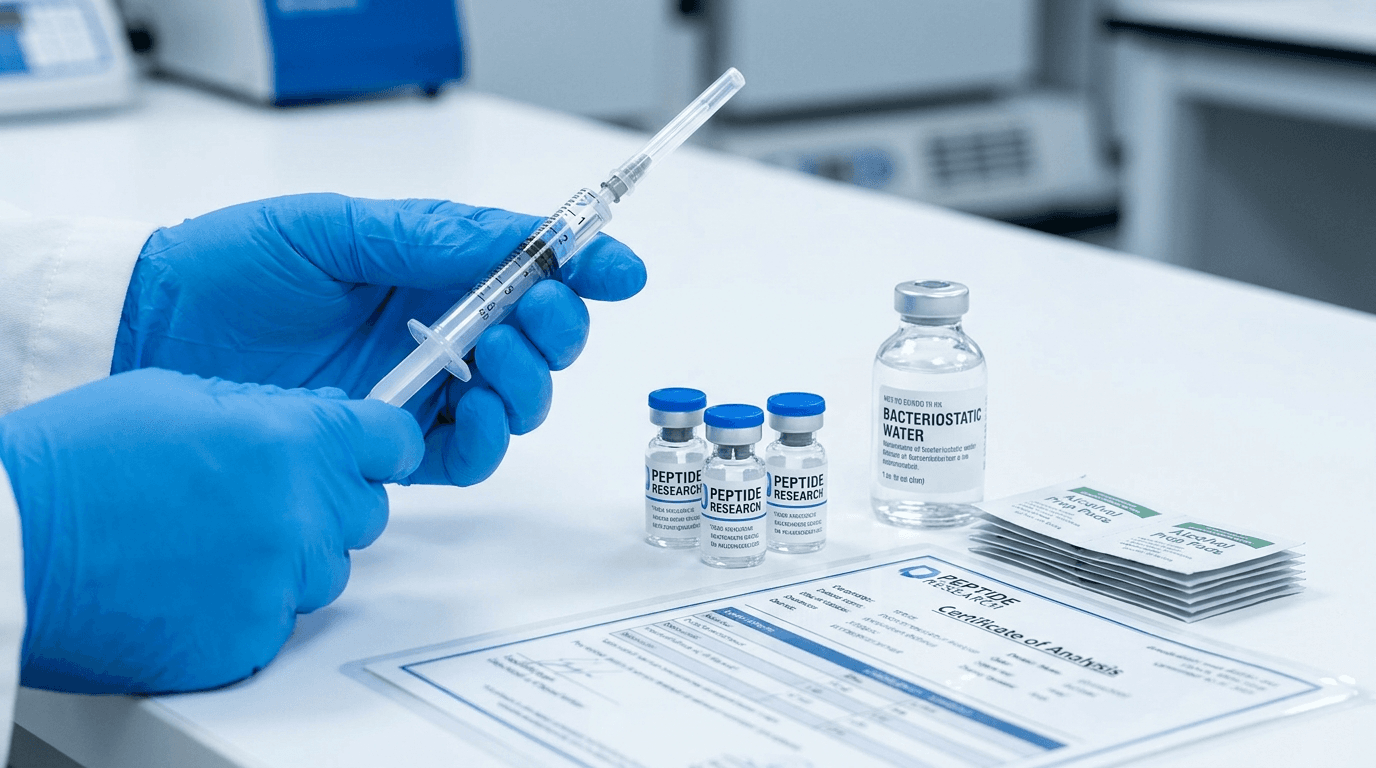 Laboratory bench with gloved hands holding sterile insulin syringe beside peptide research vials, bacteriostatic water, alcohol swabs and certificate of analysis — peptide injection preparation setup 2026