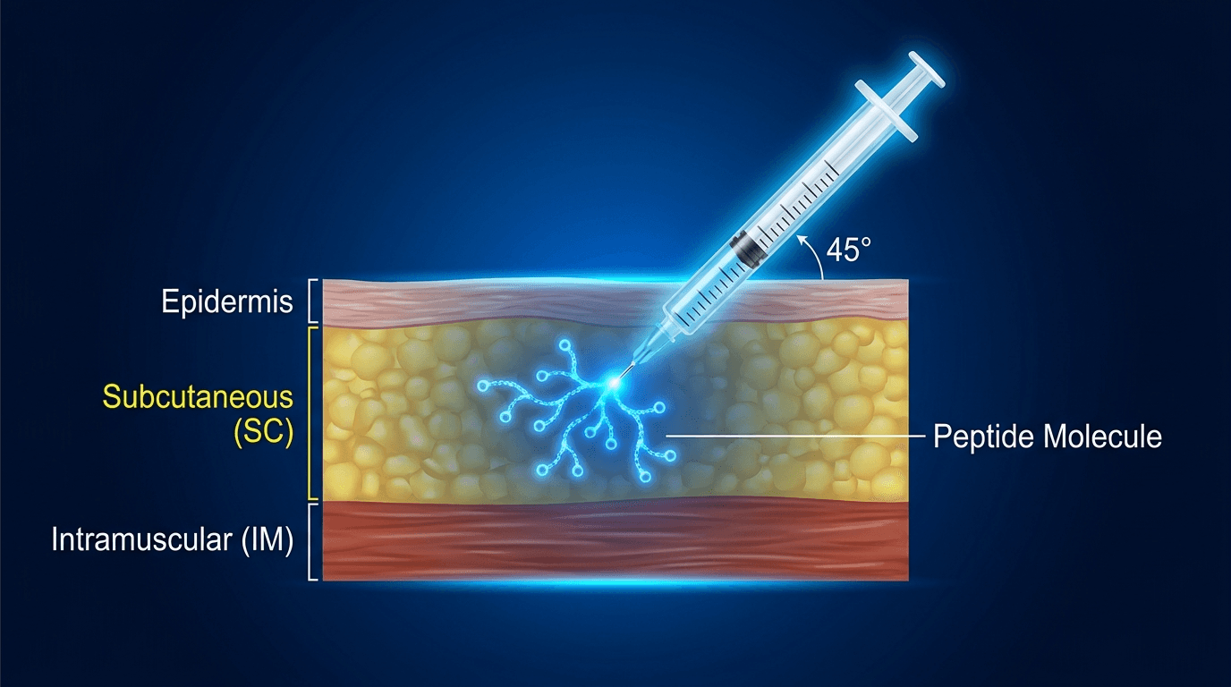 Scientific cross-section diagram of human skin layers showing subcutaneous and intramuscular injection routes — insulin syringe at 45-degree angle in fat layer with blue peptide molecule diffusing from needle tip, dark medical illustration