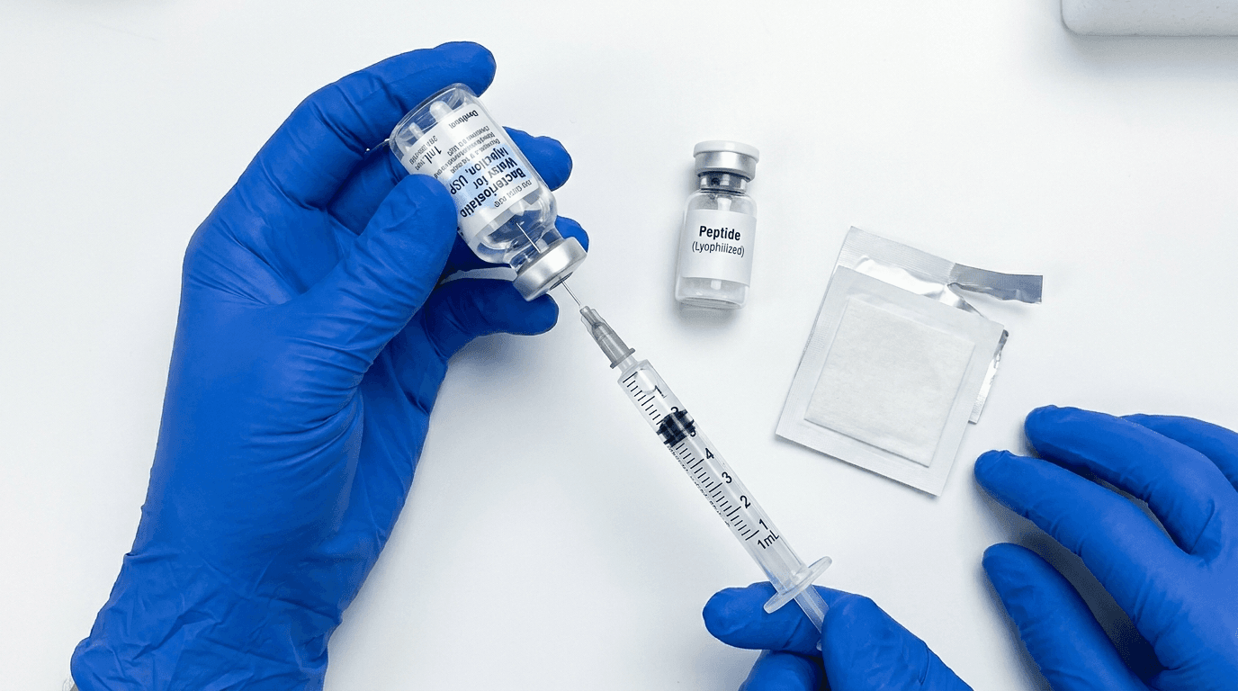Top-down laboratory view of peptide reconstitution supplies — lyophilized peptide vial with white powder, bacteriostatic water vial, 1mL insulin syringe drawing liquid, alcohol prep pad and nitrile gloves on white clinical surface