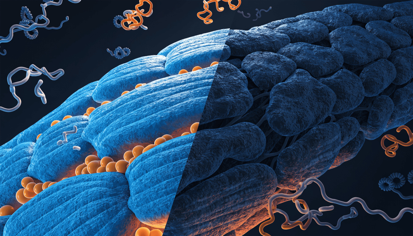 GLP-1 receptor signaling effect on skeletal muscle fiber comparison showing healthy versus sarcopenic muscle with molecular peptide structures