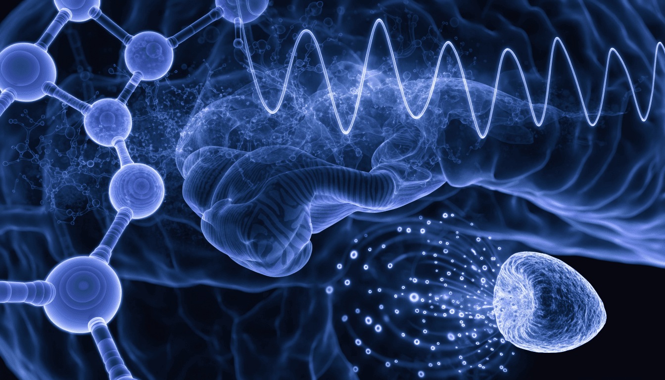 DSIP delta sleep inducing peptide molecular structure with brain slow wave sleep EEG pattern and pineal gland melatonin cascade visualization