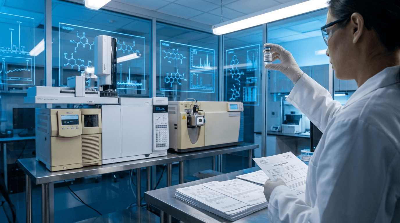 Research scientist examining tesamorelin peptide vials in a professional laboratory with HPLC equipment and mass spectrometry machines