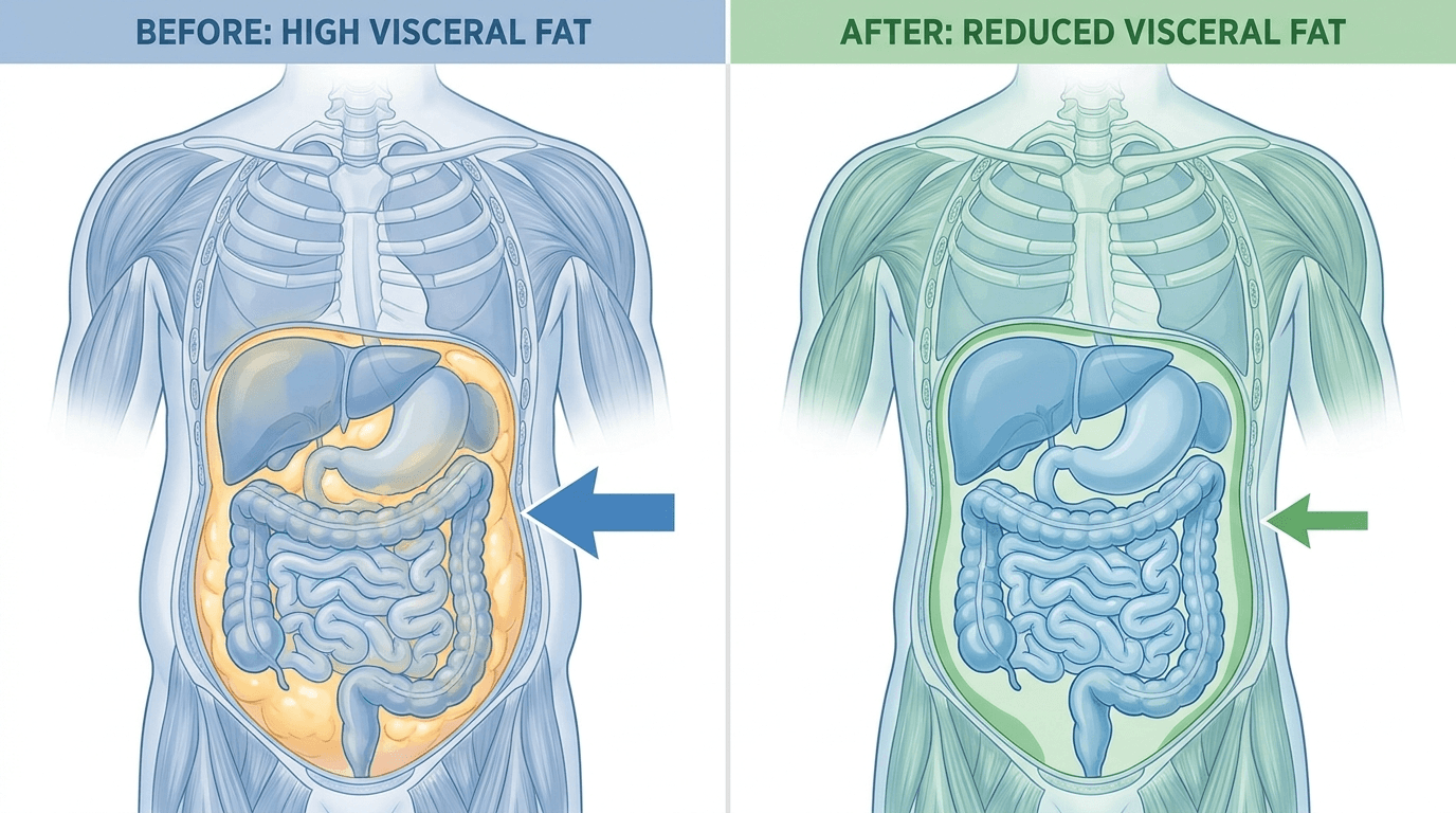 Medical illustration showing visceral fat distribution before and after reduction, with anatomical cross-section showing fat around abdominal organs