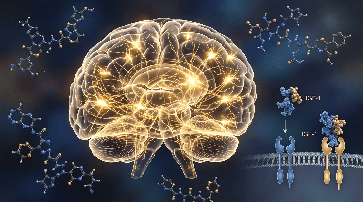 Neuroscience visualization of glowing brain neural pathways with IGF-1 molecular structures, representing tesamorelin cognitive function research