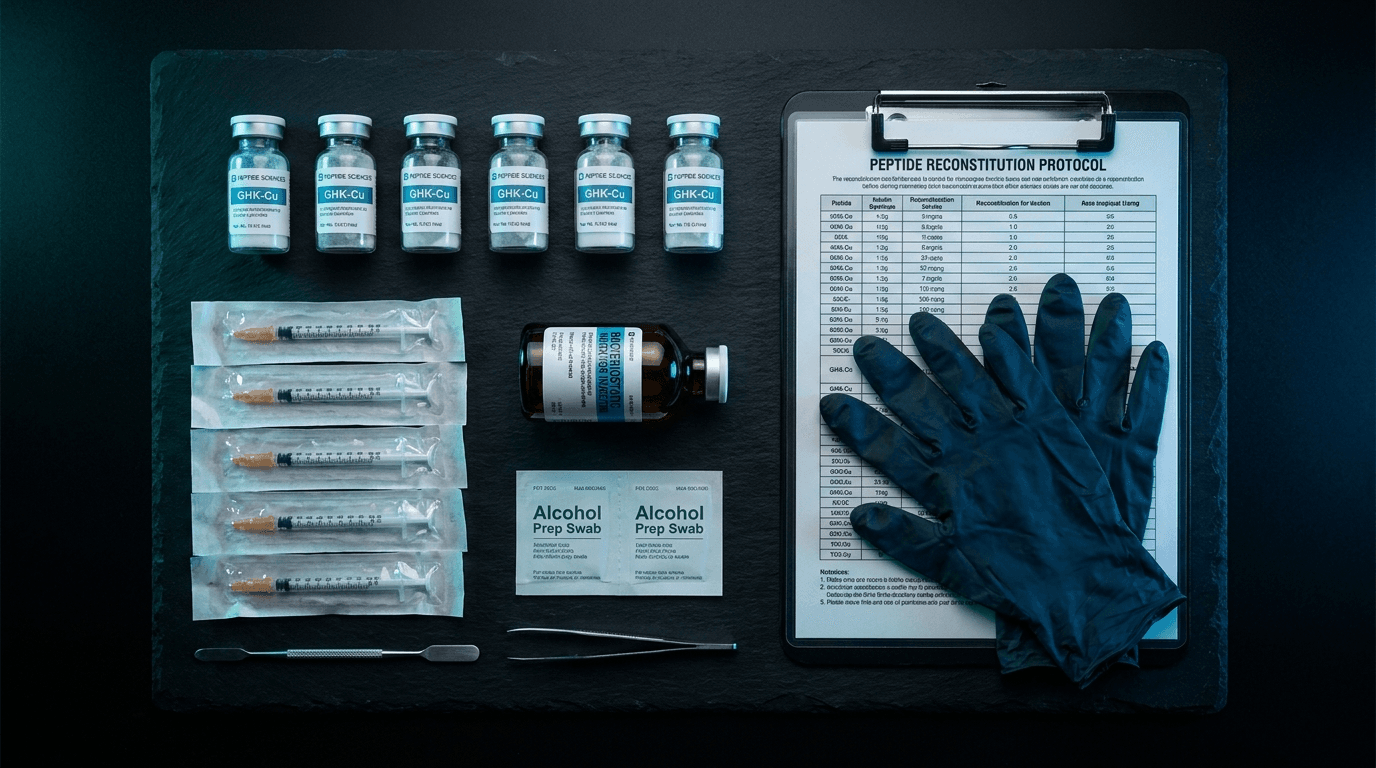 Complete peptide reconstitution equipment on a dark laboratory surface: glass lyophilized peptide vials, bacteriostatic water vial, insulin syringes, alcohol prep swabs, and sterile gloves with teal cinematic laboratory lighting