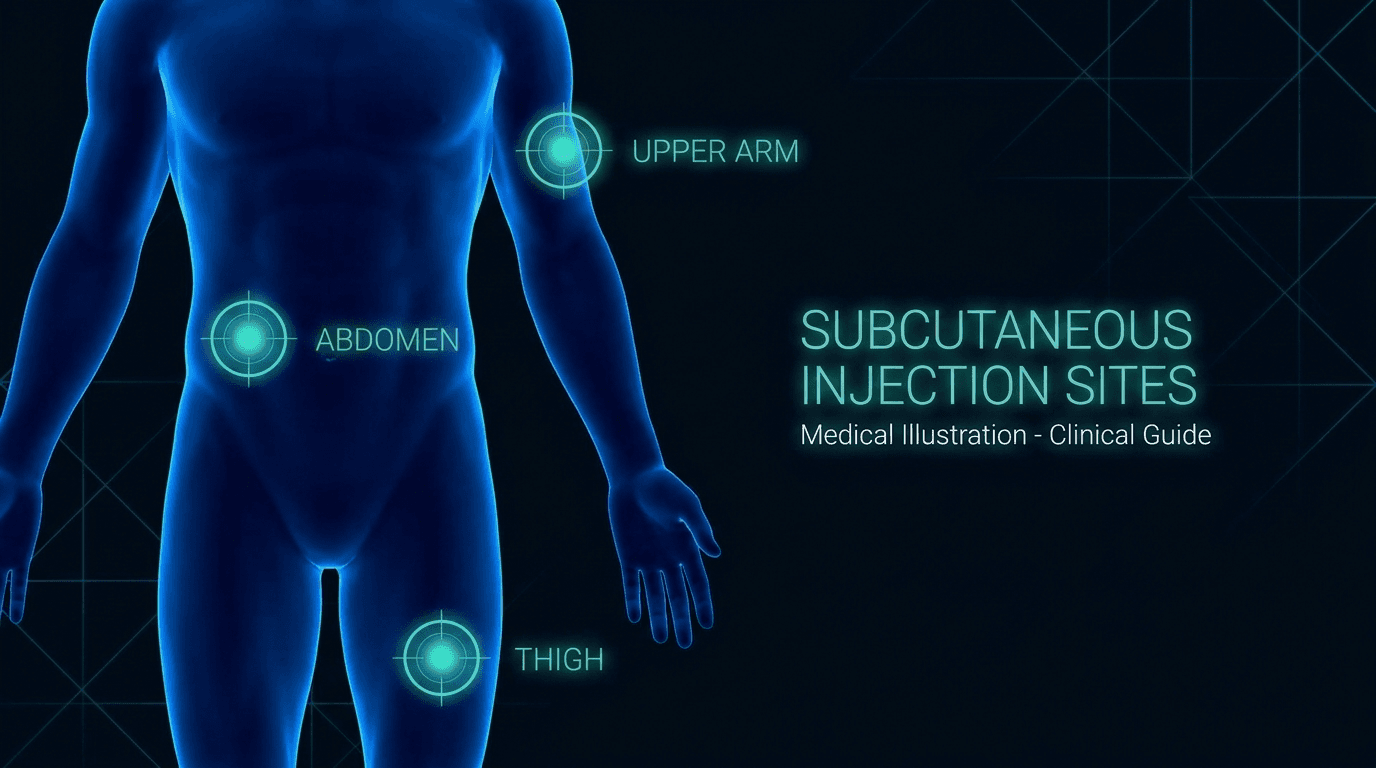 Medical diagram showing three subcutaneous injection sites on a human torso: abdomen, outer thigh, and upper arm marked with glowing teal indicators on a dark clinical background — subcutaneous peptide injection site guide