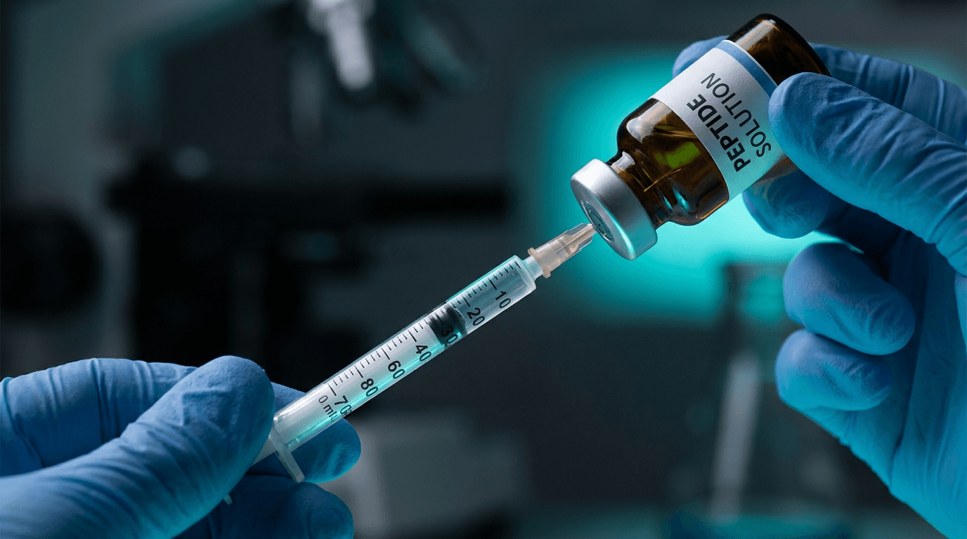 Gloved researcher carefully drawing reconstituted peptide solution into an insulin syringe from an inverted glass vial under teal laboratory lighting — correct subcutaneous peptide injection preparation technique