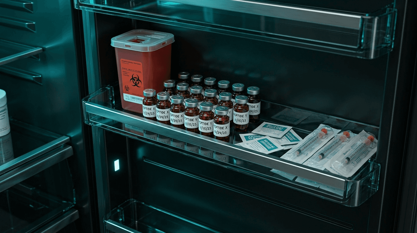 Properly organized peptide refrigerator storage: glass vials labeled with reconstitution dates arranged on a refrigerator shelf next to a sharps disposal container, alcohol swab packets, and sealed insulin syringes in teal-lit clinical environment