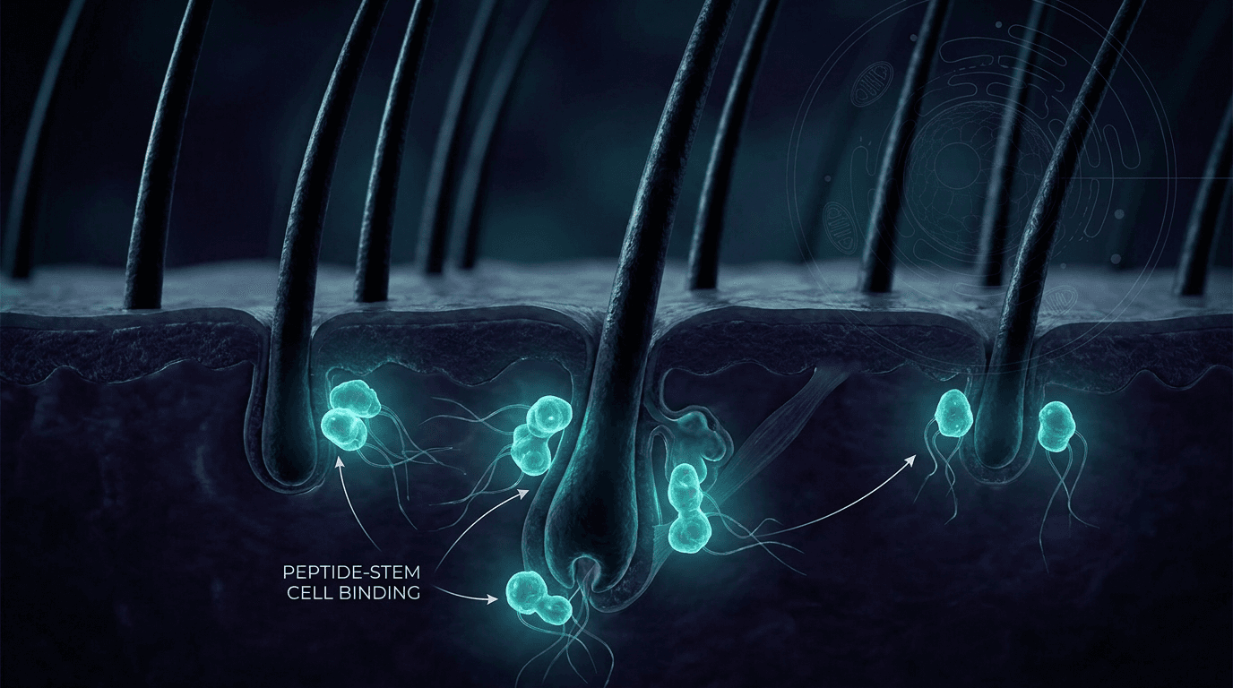 Photorealistic close-up of a healthy human scalp with thick, dense hair follicles shown in cross-section, scientific illustration style with glowing teal bioluminescent peptide molecules binding to hair follicle stem cells — peptides for hair growth 2026 research guide
