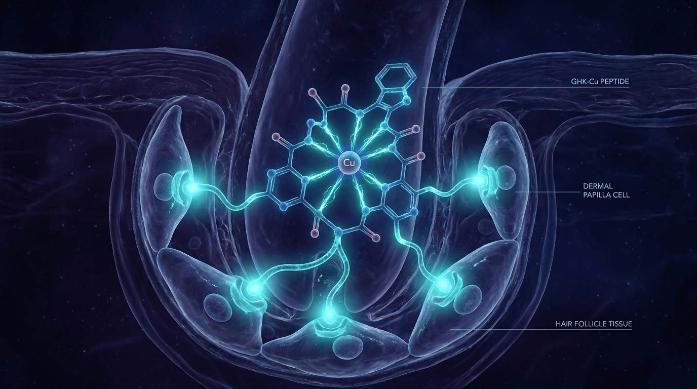 Scientific 3D molecular visualization of GHK-Cu copper peptide molecule with glowing blue-green bonds surrounded by human hair follicle tissue cross-section showing the peptide binding to dermal papilla cells with bioluminescent effect on dark background