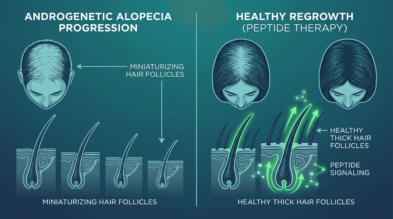 Split comparison medical illustration showing androgenetic alopecia hair loss progression on the left with thinning scalp and miniaturizing hair follicles versus healthy thick hair follicle regrowth on the right after peptide therapy, teal and dark clinical aesthetic