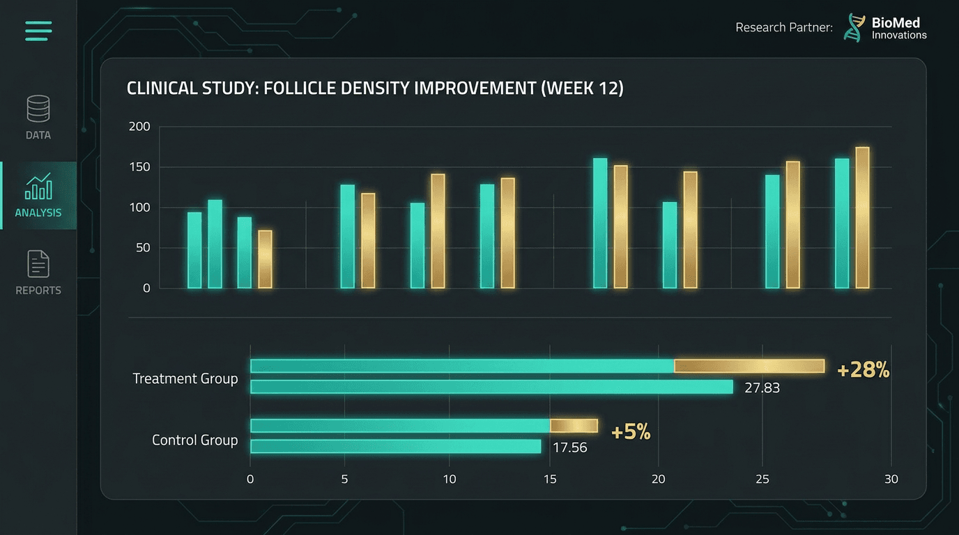 Scientific bar chart visualization showing hair follicle density improvement data from clinical studies with teal and gold colored data bars on dark clinical research dashboard background