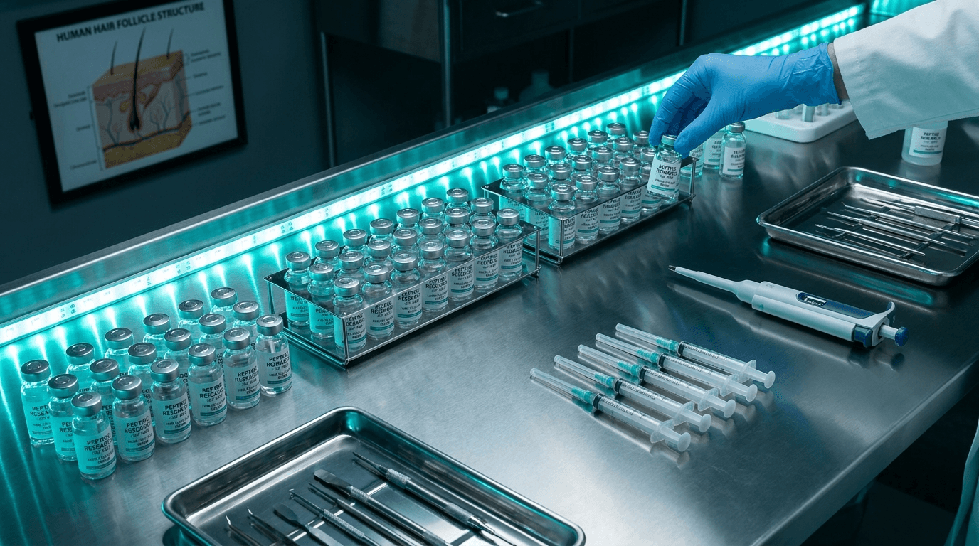 Overhead view of peptide research vials, insulin syringes, and scientific equipment on a clean laboratory bench with a hair follicle cross-section diagram in background, teal lighting accents, dark clinical environment